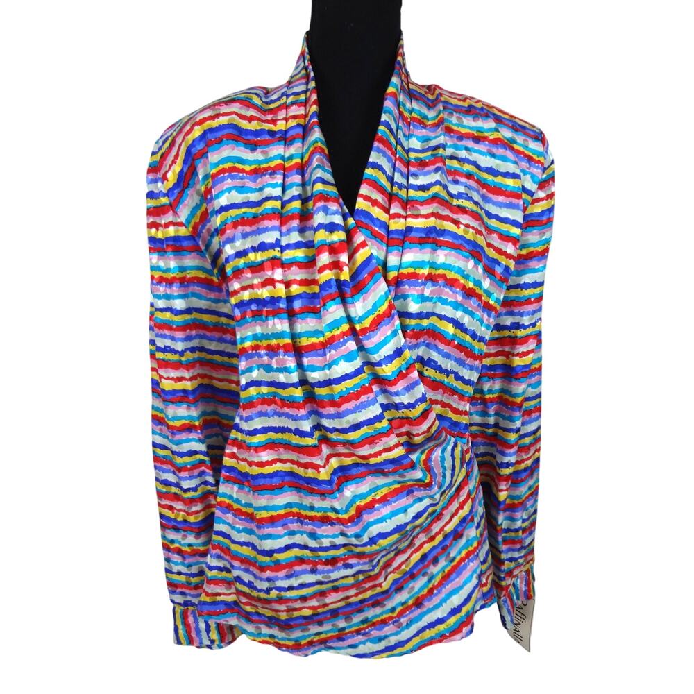 Vintage 80s Raffinalla Multicolor Wrap SILK Top Blouse Striped Retro Womens 14